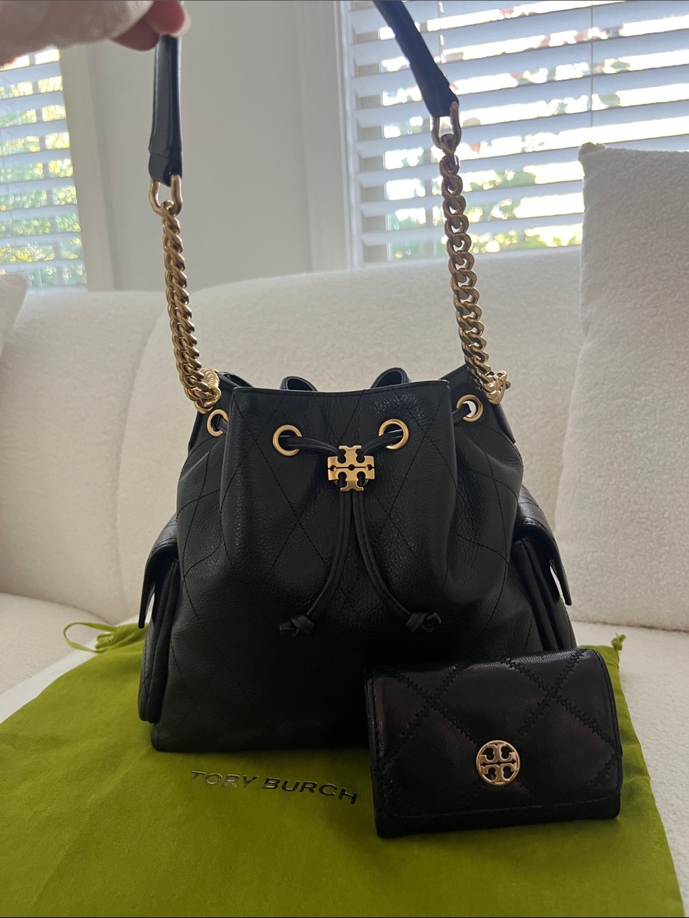 Tory Burch Charlie black Quilted Leather Drawstring Shoulder with FREE wallet